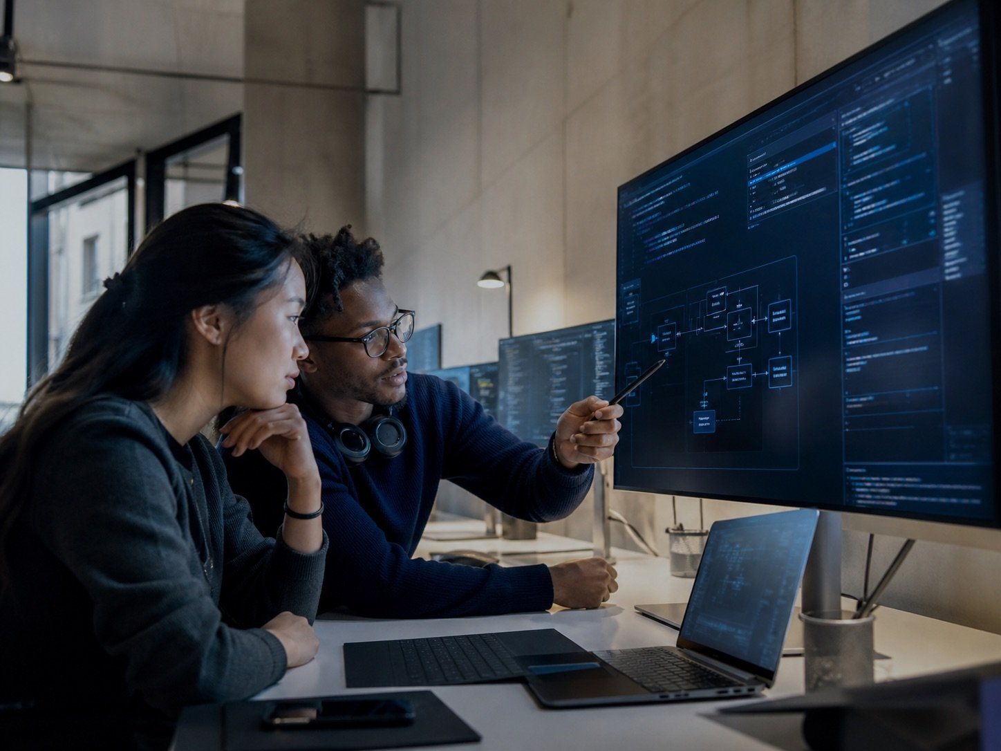 Two computer science students reviewing software architecture together