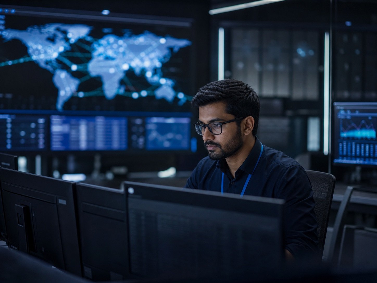 Cyber security analyst monitoring network activity in a modern security operations centre