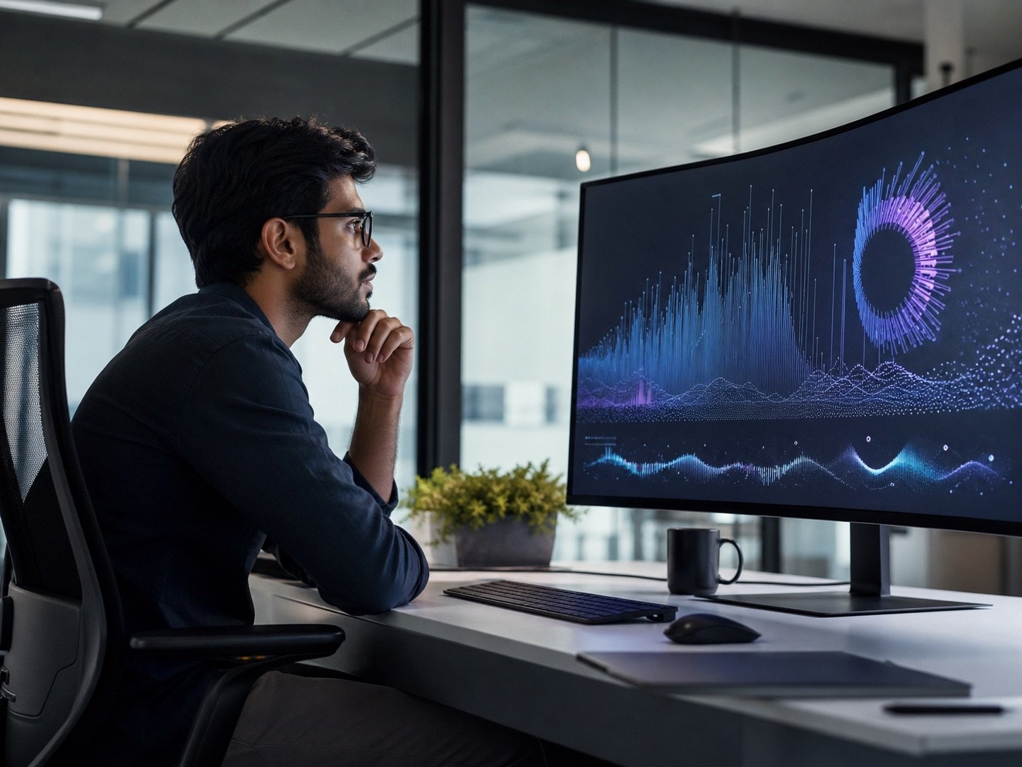Data scientist studying a complex data visualisation on a large display
